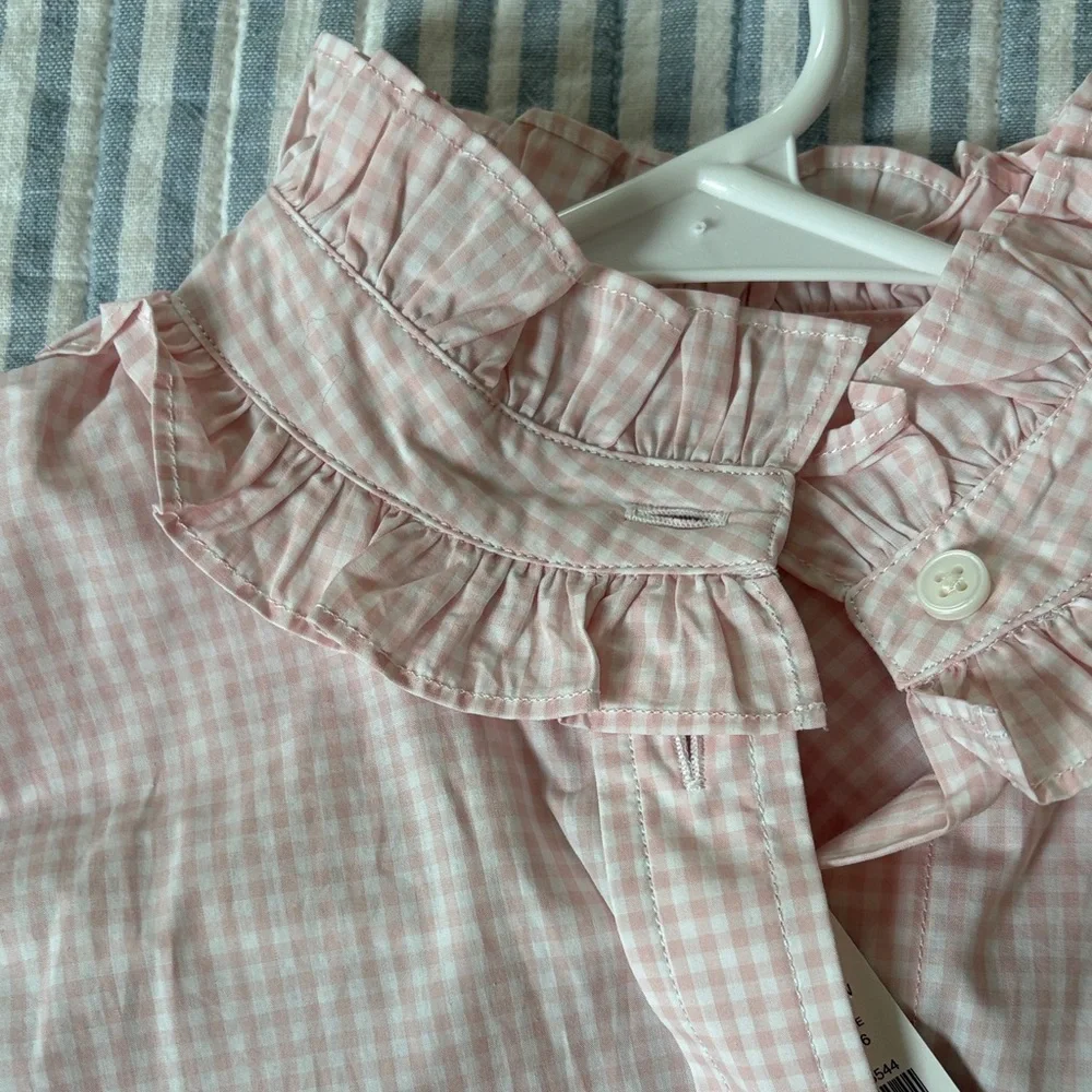 J Crew Pink Gingham Ruffle Collar Button-Up Blouse Size 6 - Picture 4 of 4